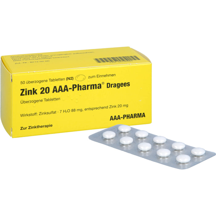 AAA-Pharma Zink 20 Dragees zur Zinktherapie, 50 pc Tablettes
