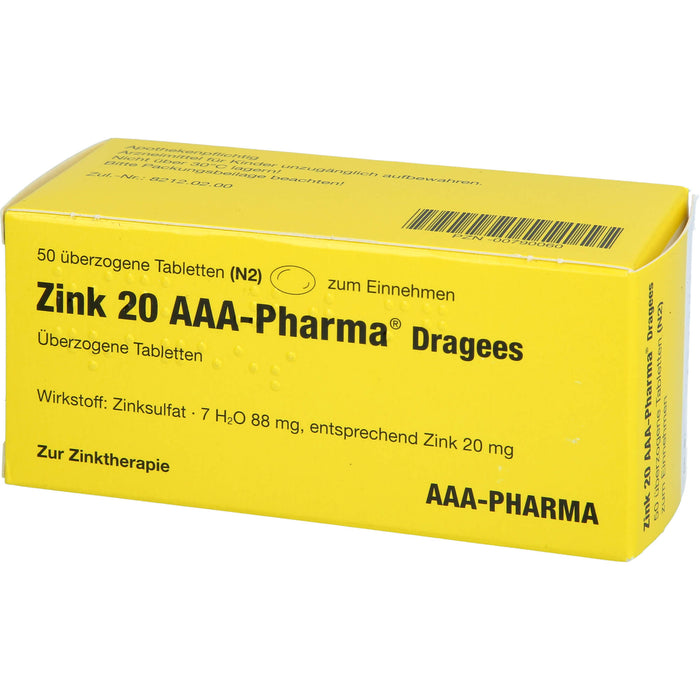 AAA-Pharma Zink 20 Dragees zur Zinktherapie, 50 pc Tablettes