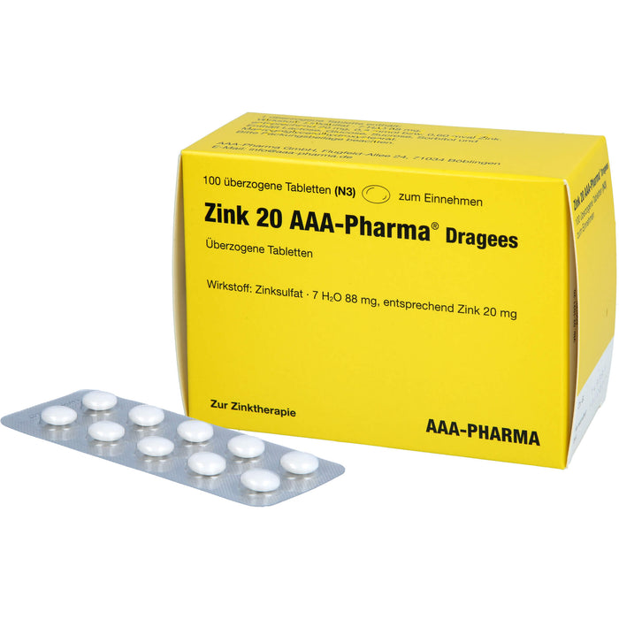 Zink 20 AAA-Pharma Dragees zur Zinktherapie, 100 pc Tablettes