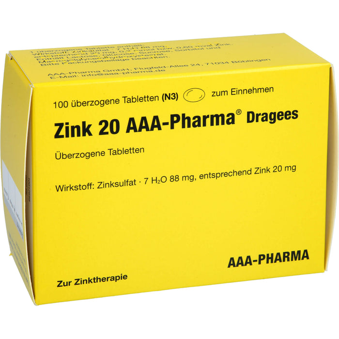 Zink 20 AAA-Pharma Dragees zur Zinktherapie, 100 pc Tablettes