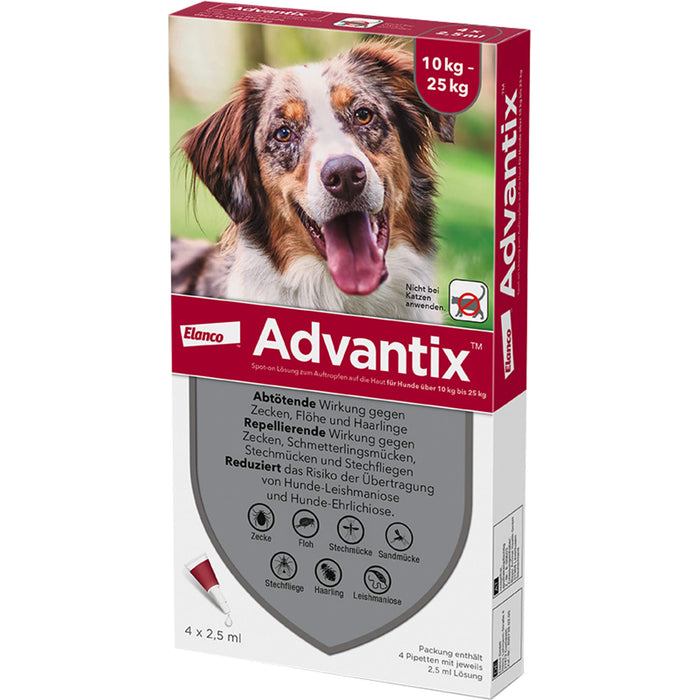 Advantix Spot-On 250 für mittelgroße Hunde von 10 bis 25 kg gegen Zecken Flöhe und fliegende Insekten, 4 pc Solution
