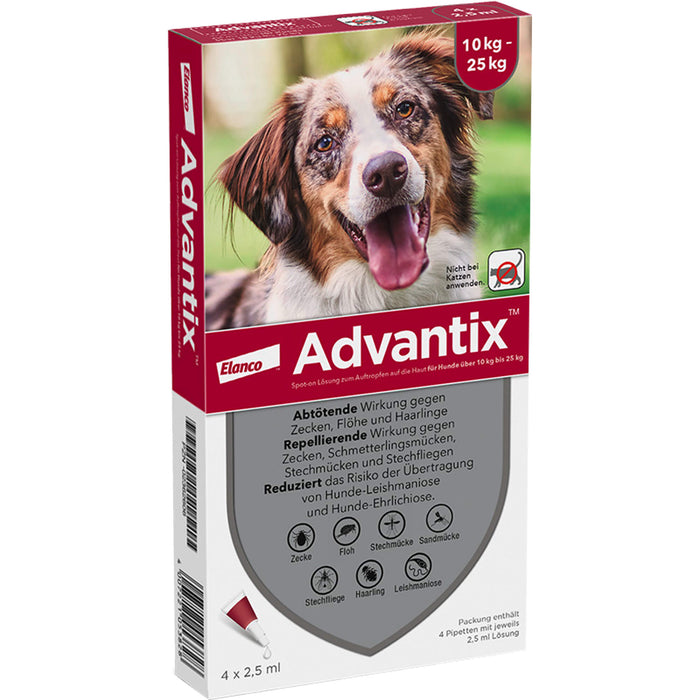 Advantix Spot-On 250 für mittelgroße Hunde von 10 bis 25 kg gegen Zecken Flöhe und fliegende Insekten, 4 pc Solution