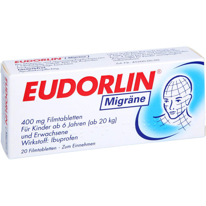 EUDORLIN Migräne 400 mg Filmtabletten zur Behandlung der akuten Kopfschmerzphase bei Migräne mit und ohne Aura, 20 pcs. Tablets