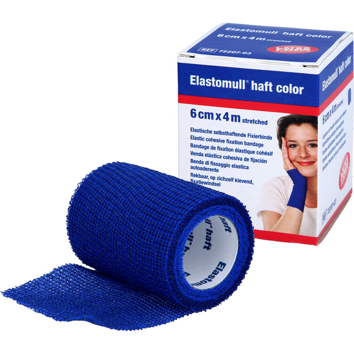 Elastomull haft 4 m x 6 cm color blau kohäsive elastische Fixierbinde, 1 pcs. Bandage