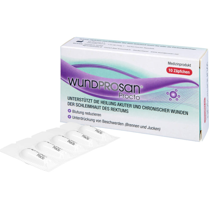 Wundprosan Procto Zäpfchen reduziert Blutungen und lindert Schmerzen bei Analfissuren, Analrhagaden und Hämorrohoiden, 10 pc Suppositoires