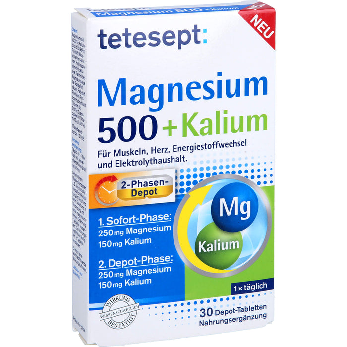 Tetesept Magnesium 500 + Kalium Depot-Tabletten für Muskeln, Herz, Energiestoffwechsel und Elektrolythaushalt, 30 pcs. Tablets