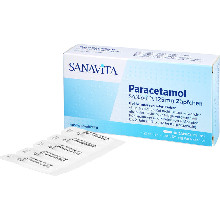 Paracetamol SANAVITA 125 mg Zäpfchen - für Säuglinge ab 6 Monate und Kleinkinder bis 2 Jahre (7 bis 12 kg Körpergewicht), 10 pc Suppositoires