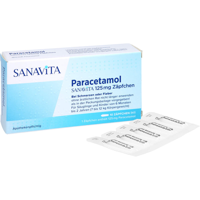 Paracetamol SANAVITA 125 mg Zäpfchen - für Säuglinge ab 6 Monate und Kleinkinder bis 2 Jahre (7 bis 12 kg Körpergewicht), 10 pc Suppositoires