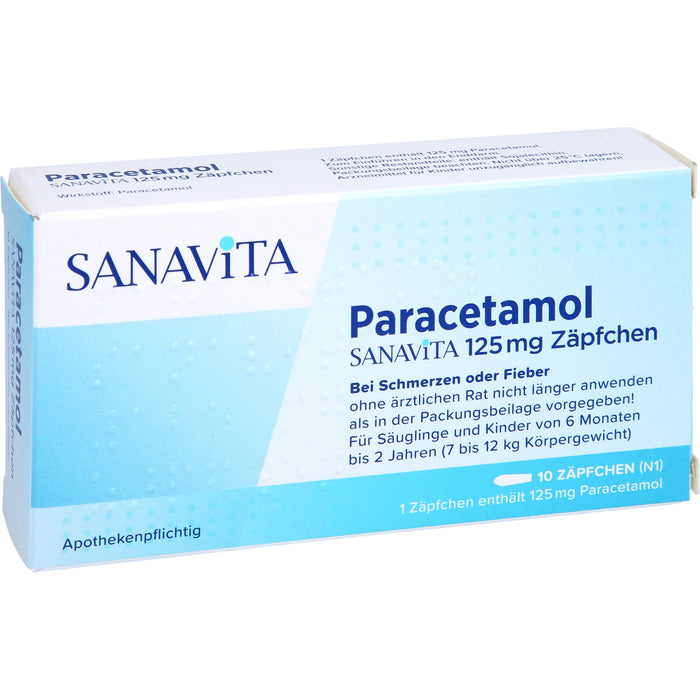 Paracetamol SANAVITA 125 mg Zäpfchen - für Säuglinge ab 6 Monate und Kleinkinder bis 2 Jahre (7 bis 12 kg Körpergewicht), 10 pc Suppositoires