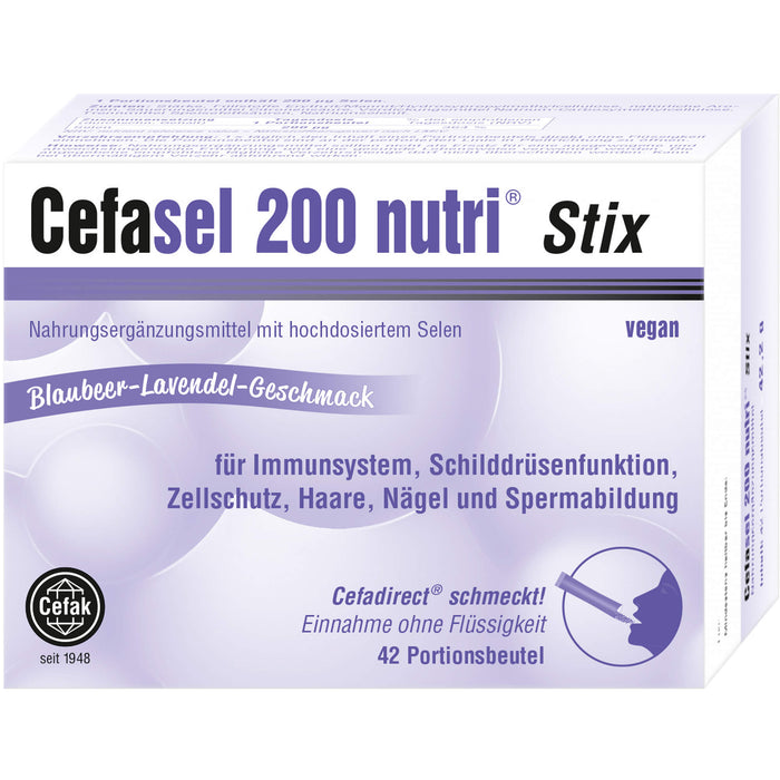 Cefasel 200 nutri Stix für Immunsystem, Schilddrüsenfunktion, Zellschutz,  Haare, Nägel und Spermabildung mit Blaubeere-Lavendel-Geschmack, 42 pc Sachets