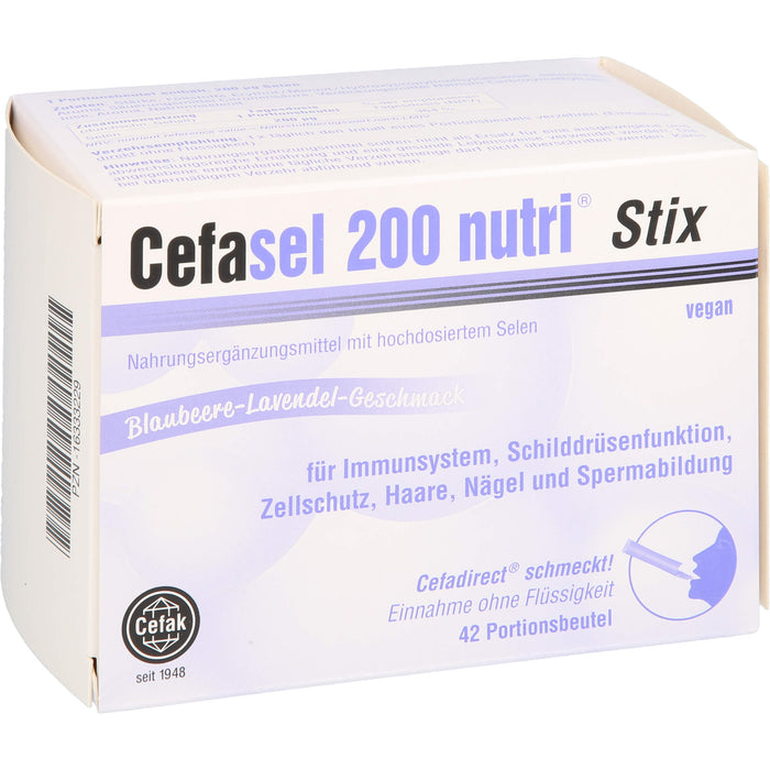 Cefasel 200 nutri Stix für Immunsystem, Schilddrüsenfunktion, Zellschutz,  Haare, Nägel und Spermabildung mit Blaubeere-Lavendel-Geschmack, 42 pc Sachets
