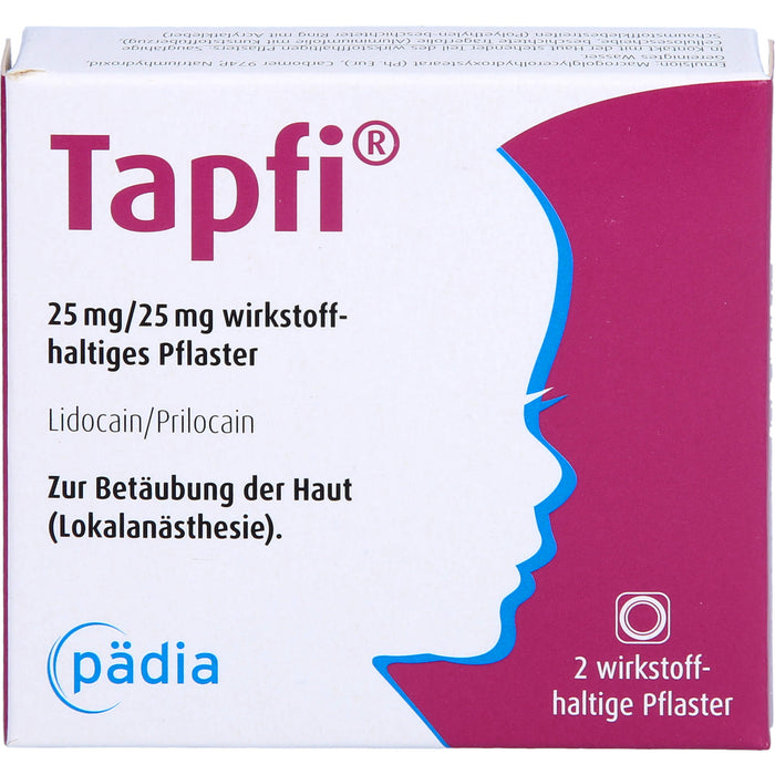 Tapfi 25 mg / 25 mg Lidocain / Prilocain wirkstoffhaltiges Pflaster zur präventiven Schmerzreduktion, 2 St. Pflaster