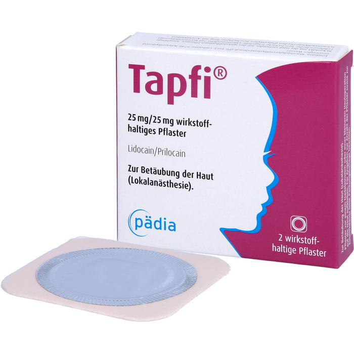 Tapfi 25 mg / 25 mg Lidocain / Prilocain wirkstoffhaltiges Pflaster zur präventiven Schmerzreduktion, 2 pcs. Patch
