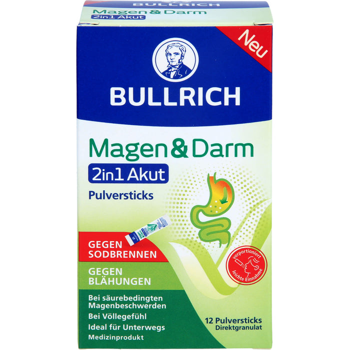 BULLRICH Magen und Darm 2in1 Akut Pulversticks gegen Sodbrennen und gegen Blähungen, 12 St. Sticks
