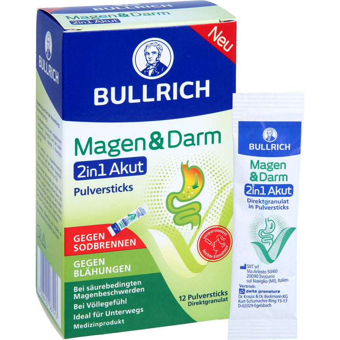BULLRICH Magen und Darm 2in1 Akut Pulversticks gegen Sodbrennen und gegen Blähungen, 12 pcs. Sticks