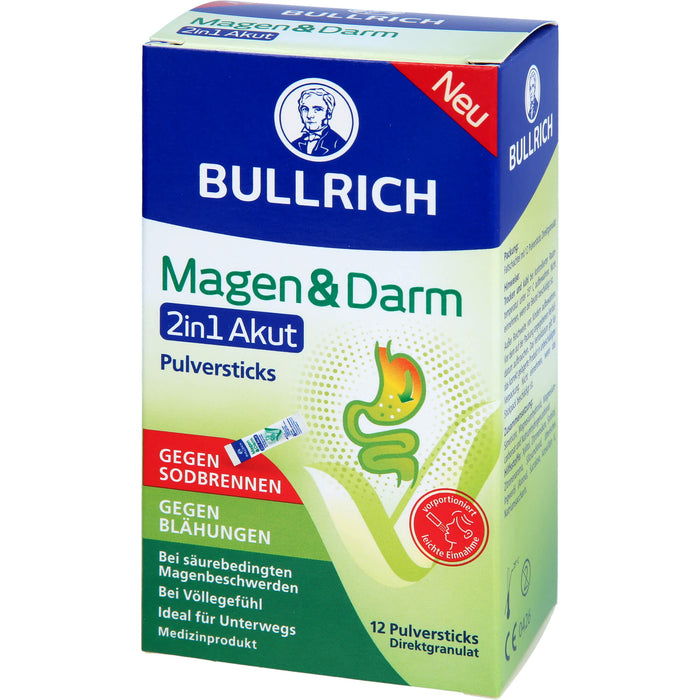 BULLRICH Magen und Darm 2in1 Akut Pulversticks gegen Sodbrennen und gegen Blähungen, 12 pcs. Sticks