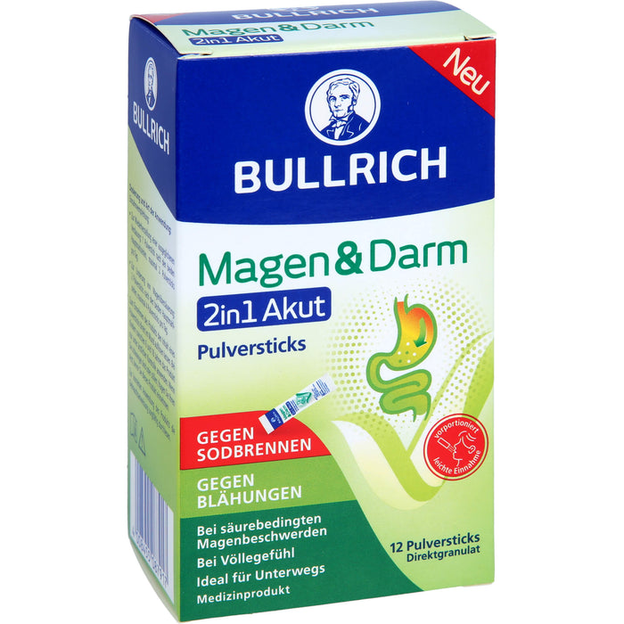 BULLRICH Magen und Darm 2in1 Akut Pulversticks gegen Sodbrennen und gegen Blähungen, 12 pcs. Sticks