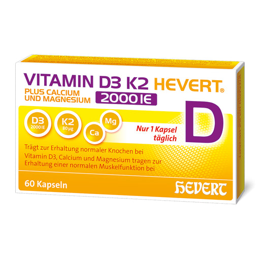 Vitamin D3 K2 Hevert plus Calcium und Magnesium 2000 IE, 60 St. Kapseln
