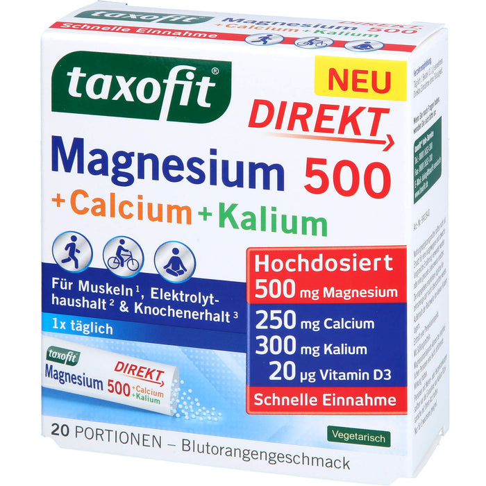 Taxofit Magnesium 500 + Calcium + Kalium Direktgranulat mit Blutorangengeschmack, 20 pcs. Sachets