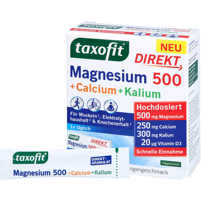 Taxofit Magnesium 500 + Calcium + Kalium Direktgranulat mit Blutorangengeschmack, 20 pcs. Sachets