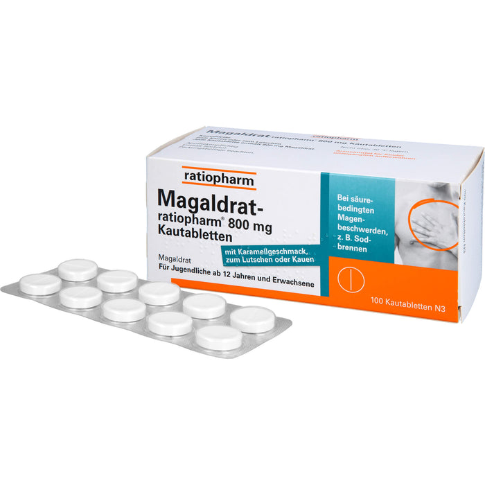 Magaldrat-ratiopharm 800 mg Kautabletten bei säurebedingten Magenbeschwerden z.B.  Sodbrennen, 100 pc Tablettes
