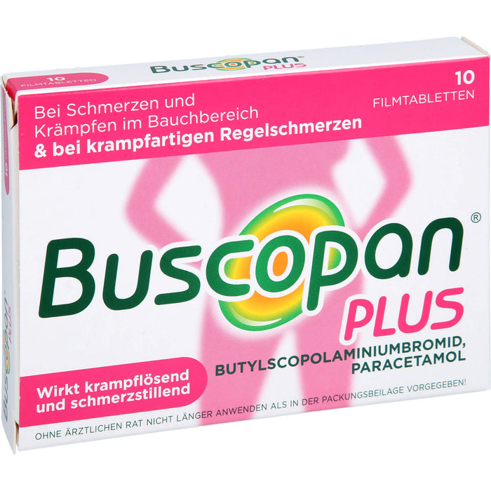 Buscopan plus 10 mg Butylscopolamin & 500 mg Paracetamol Filmtabletten bei Schmerzen und Krämpfen im Bauchbereich, 10 pcs. Tablets