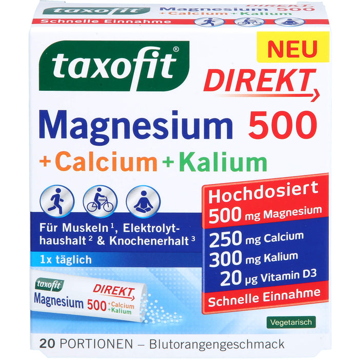 Taxofit Magnesium 500 + Calcium + Kalium Direktgranulat mit Blutorangengeschmack, 20 St. Beutel