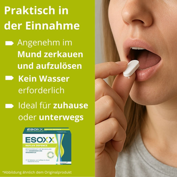 ESOXX Defence - Schnelle Hilfe bei Sodbrennen & Reflux, schützt Speiseröhre und Magen - mit Hyaluronsäure, Chondroitinsulfat & Magnesiumtrisilikat - glutenfrei & laktosefrei, 20 St. Tabletten