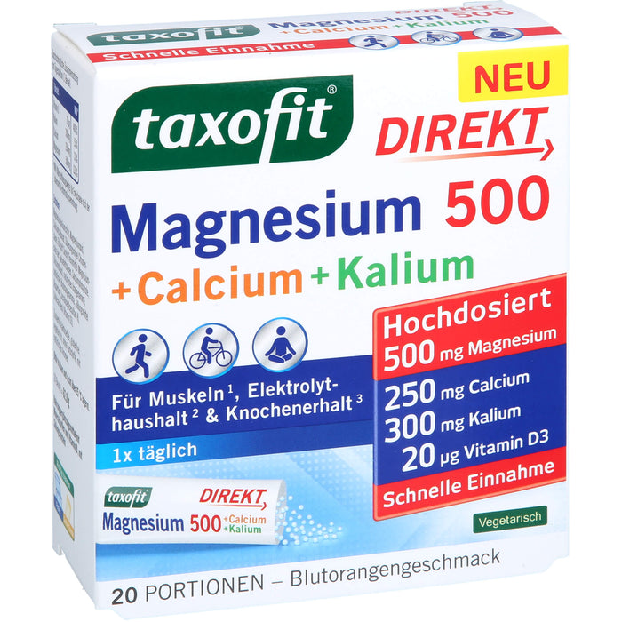 Taxofit Magnesium 500 + Calcium + Kalium Direktgranulat mit Blutorangengeschmack, 20 pcs. Sachets