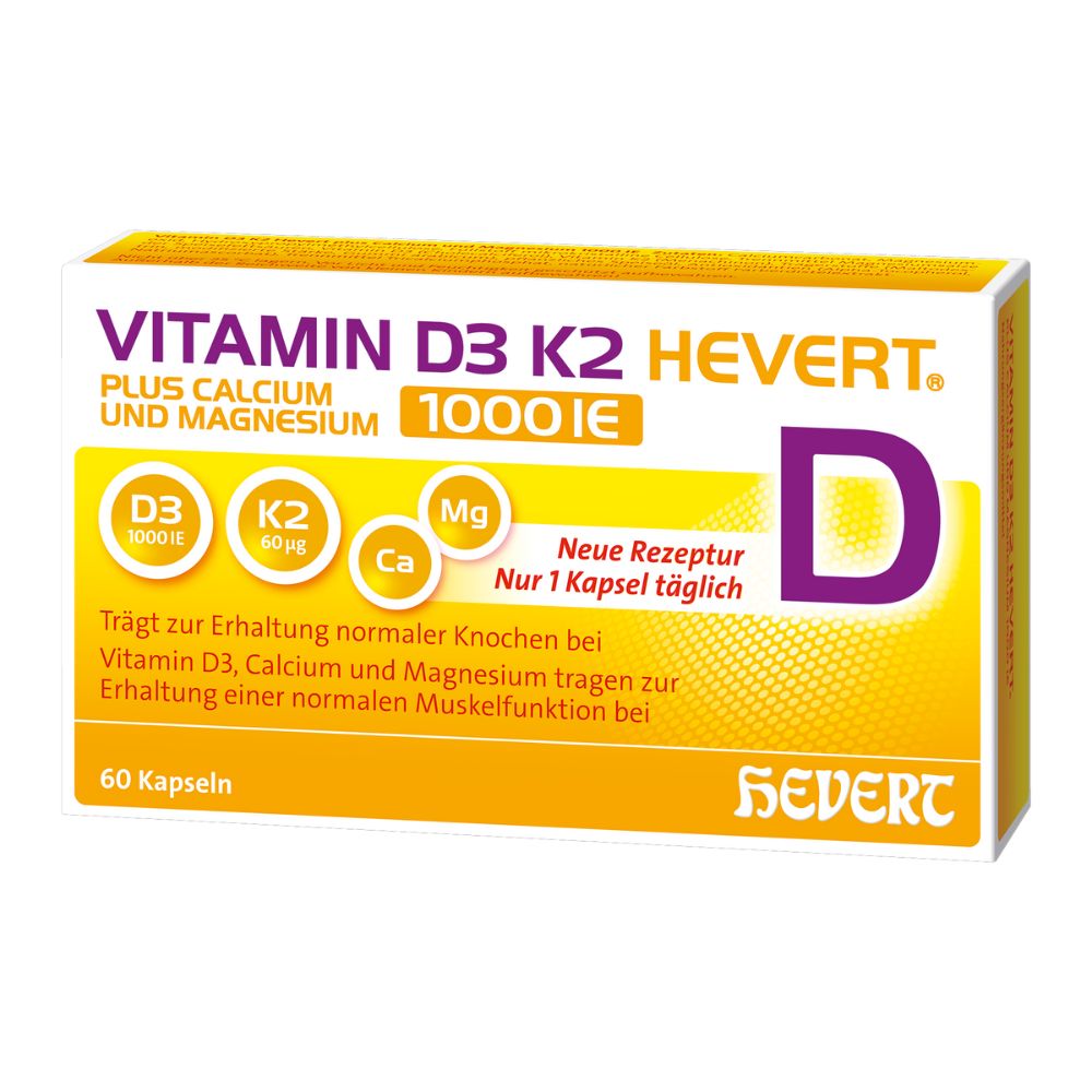 Vitamin D3 K2 Hevert plus Calcium und Magnesium 1.000 I.E. mit 4-fach Osteo-Formel für gesunde Knochen und Muskeln, 60 St. Kapseln