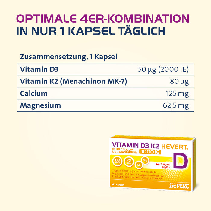 Vitamin D3 K2 Hevert plus Calcium und Magnesium 2000 IE, 60 pc Capsules