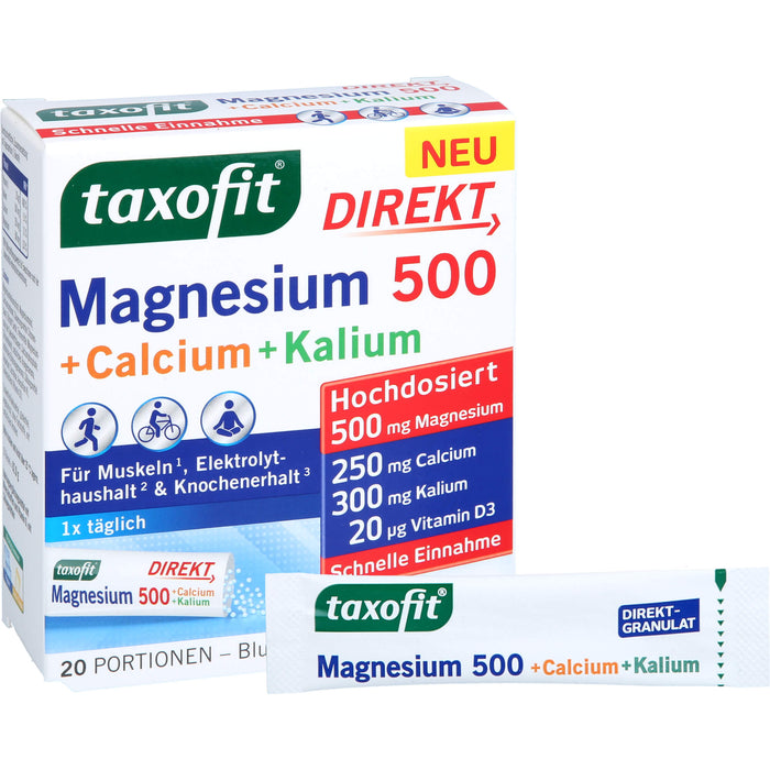 Taxofit Magnesium 500 + Calcium + Kalium Direktgranulat mit Blutorangengeschmack, 20 pcs. Sachets