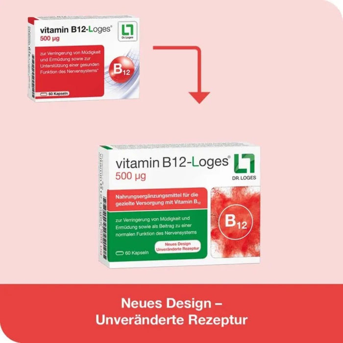 Vitamin B12-Loges 500 µg Kapseln zur Verringerung von Müdigkeit & trägt zu einer normalen Funktion des Nervensystems bei, 120 pc Capsules