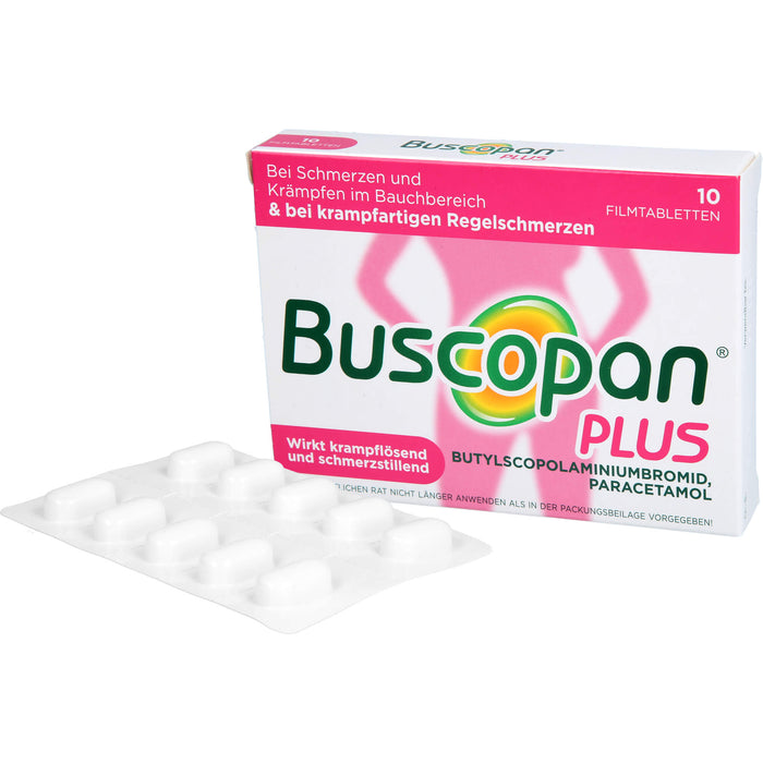 Buscopan plus 10 mg Butylscopolamin & 500 mg Paracetamol Filmtabletten bei Schmerzen und Krämpfen im Bauchbereich, 10 pcs. Tablets